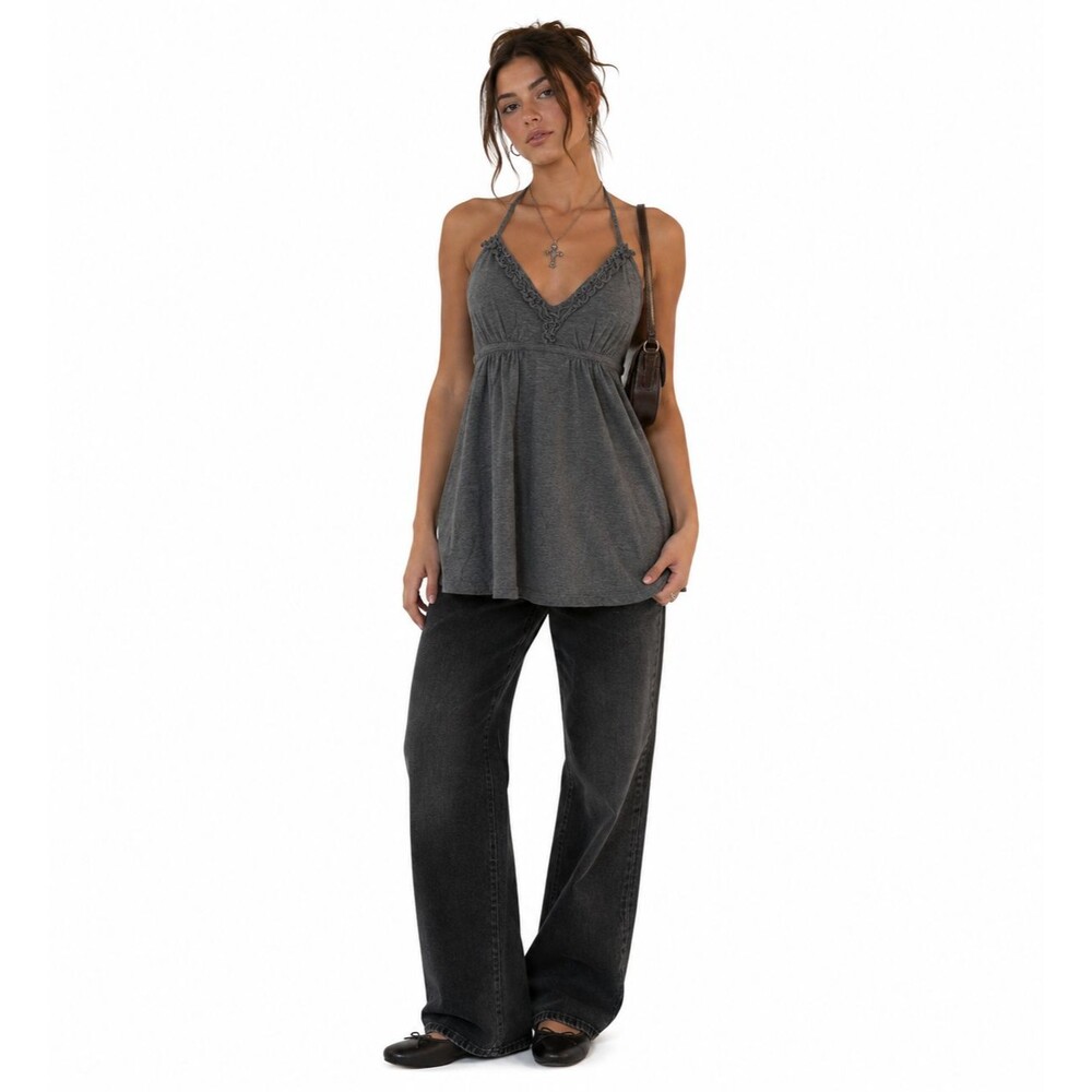 Express Vintage Y2K Babydoll Mini Tunic Top Women's Size XS Halter Neck Gray